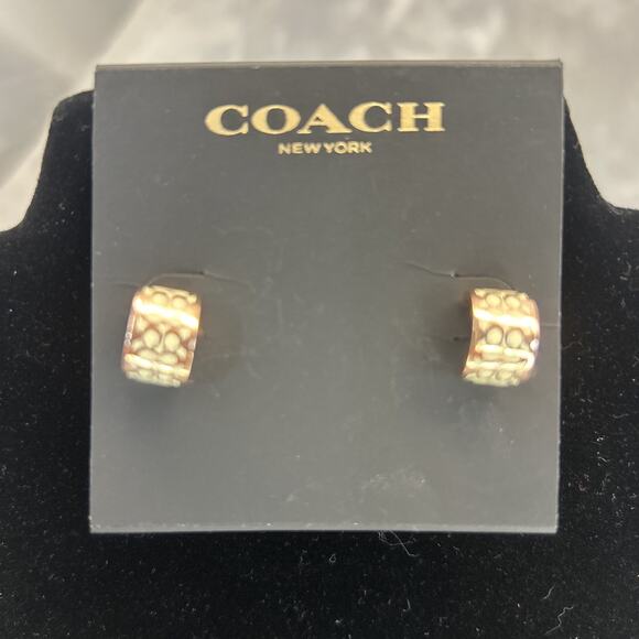 Coach Rose Gold “C” White Logo Huggie Earrings – Signature Engraved Hoops Luxury - Picture 6 of 10